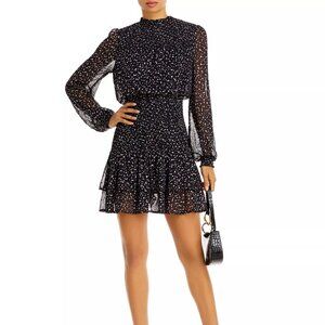 Aqua Ditsy Geo Smocked Mini Dress Black S | Long Sleeve 100% Exclusive